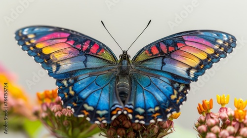 Close-up of a colorful blue butterfly with spread wings perched on a cluster of vibrant flowers.