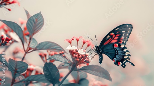 A black and red butterfly gently resting on a flower, showcasing its delicate wings amidst vibrant plant life.