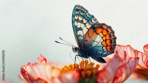 Macro shot of a painted lady butterfly with orange and blue wings feeding on a red flower with a soft-focus background.