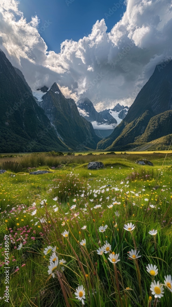 A field of flowers with a mountain in the background. The sky is cloudy and the sun is shining