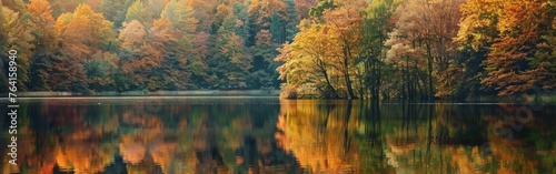 A dense forest surrounds a body of water, creating a harmonious natural scene. The trees reflect in the calm water, emphasizing the serene beauty of this tranquil landscape.