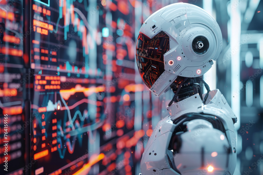 Fototapeta premium Robot Monitoring Data Center Servers. Futuristic robot analyzing server data racks, highlighting advanced automation and network management.