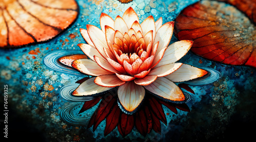 Gorgeous stained glass like floating white lotus flower in full bloom with water paint marbling texture and deep saturated colors of crimson red and burnt orange.