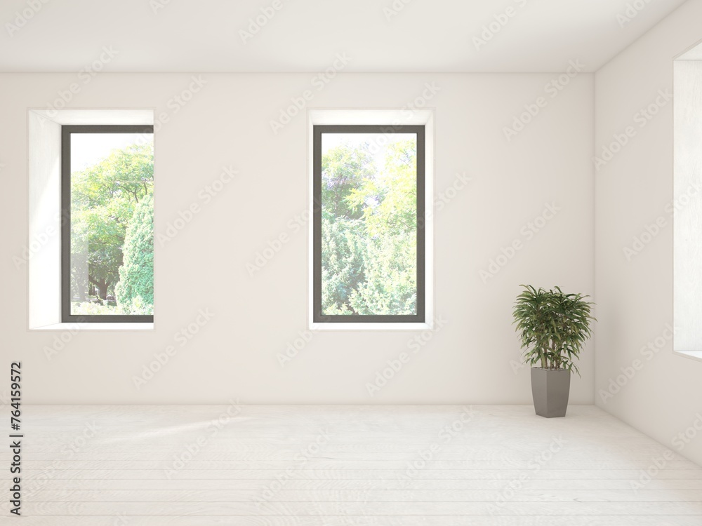 Fototapeta premium White empty room with summer landscape in window. Scandinavian interior design. 3D illustration