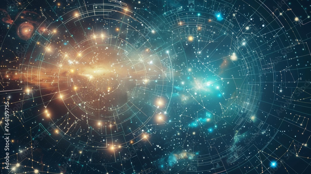 A sprawling grid overlays a luminous display of starlight, evoking a sense of cosmic order and magnificence. A sprawling grid overlays a luminous display of starlight, evoking a sense of cosmic order and magnificence.