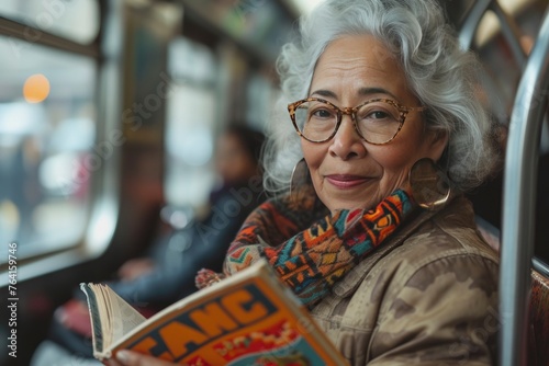 old woman rides the subway or public transport and read book. self care, relation, enjoy concept.