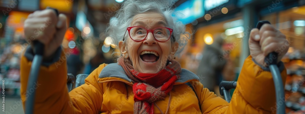 portrait of old happy woman with grey hair on blurred background.