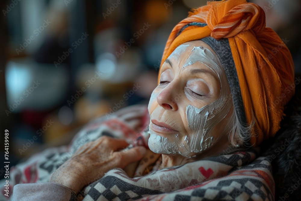 middle-aged women in spa salon with cosmetic mask on blurred background . Health care, relax, spa concept. find inner balance. middle-aged women in spa salon with cosmetic mask on blurred background . Health care, relax, spa concept. find inner balance.