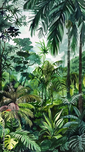 The painting depicts a dense jungle filled with a variety of towering trees and lush green plants. The scene is vibrant and rich in biodiversity  capturing the essence of a thriving rainforest ecosyst