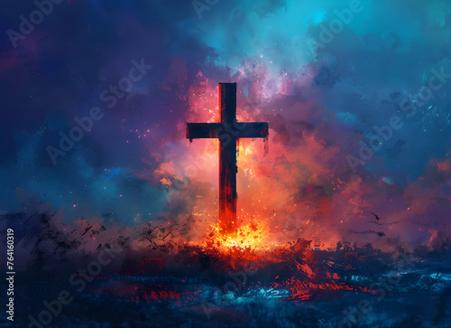 A spiritual illustration of Jesus on the cross with a background of light, representing the Christian faith and religious symbolism. Suitable for use in religious banners and templates.