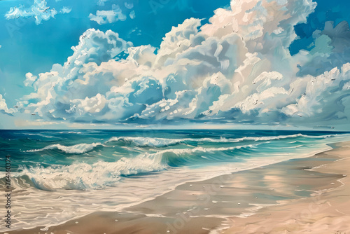 tropical landscape of a beach with sand, ocean and sky, realistic drawing style