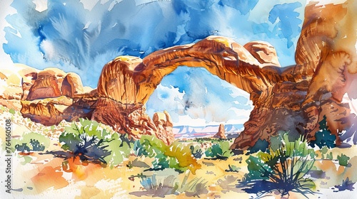 A watercolor illustration depicting a desert scene with prominent rocks and various desert plants scattered around. The painting showcases the arid landscape typical of desert regions, with a focus on photo