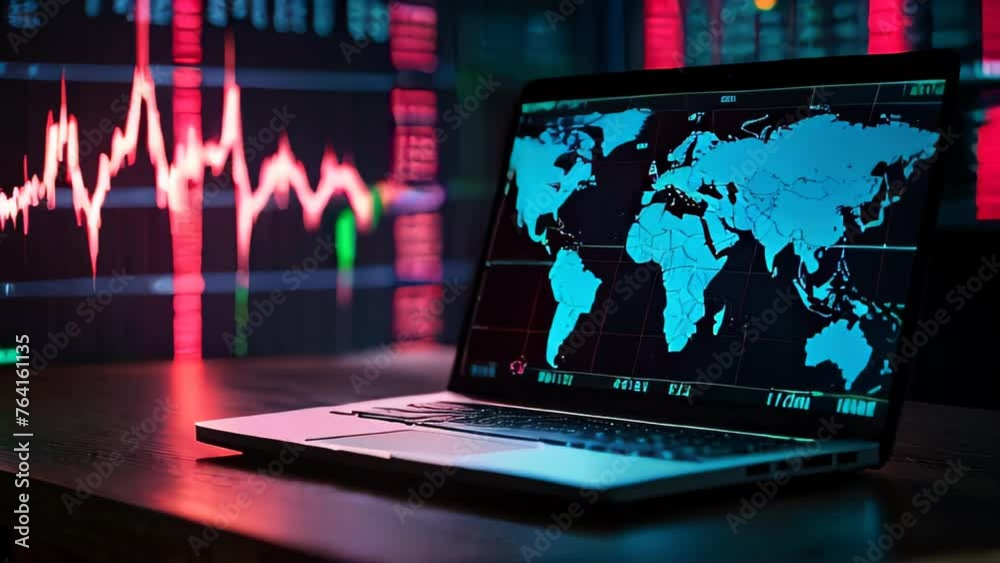 Laptop displaying world map and globe, representing global business and technology Laptop displaying world map and globe, representing global business and technology