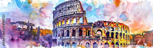 A watercolor painting depicting the iconic Colosseum in Rome, showcasing the grandeur and historical significance of the architectural masterpiece. The painting captures the detailed arches, tiers, an photo