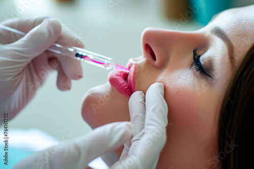 close-up of a beautician's hands applying a drop of lip serum to her customer