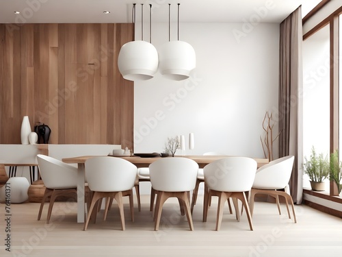 Photo white wall and wood modern chairs in dining room interior,contemporary furnishings and natural plants