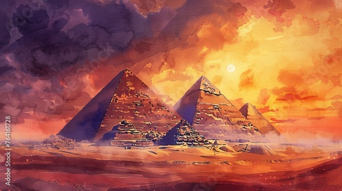 A watercolor painting depicting two pyramids standing tall in the vast desert landscape. The scene captures the ancient and iconic structures under the clear blue sky. photo