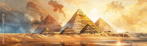 A watercolor illustration showing the iconic pyramids in the desert  under a clear sky. The pyramids stand tall and majestic  surrounded by the vast desert landscape.