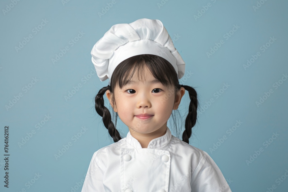cute asian smiling child in chef’s uniform - hat and clothes - portait on plain background, culinary cooking studio concept with copy space cute asian smiling child in chef’s uniform - hat and clothes - portait on plain background, culinary cooking studio concept with copy space