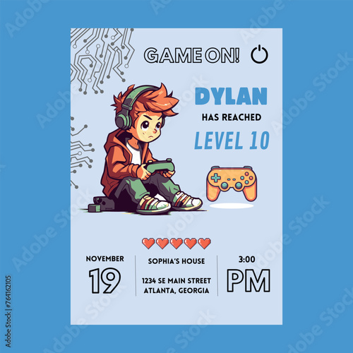 Gamer Boy Blue Birthday Party Invitation