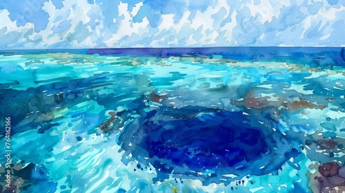 A stunning watercolor painting of the Great Blue Hole, a massive underwater sinkhole in the ocean, known for its deep blue color and unique structure. photo