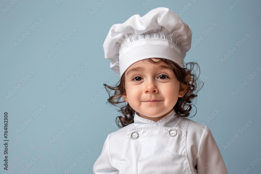 cute caucasian smiling child in chef’s uniform - hat and clothes - portait on plain background, culinary cooking studio concept with copy space cute caucasian smiling child in chef’s uniform - hat and clothes - portait on plain background, culinary cooking studio concept with copy space