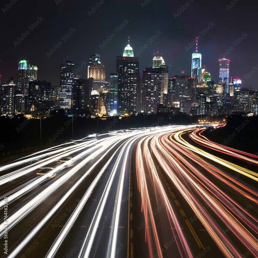 A photo of a lit up city skyline with a light trails from a traffic time lapse.