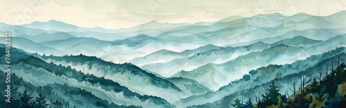 A watercolor painting depicting a majestic mountain range covered with lush pine trees. The artist skillfully captured the rugged terrain of the mountains contrasting with the greenery of the pine tre photo