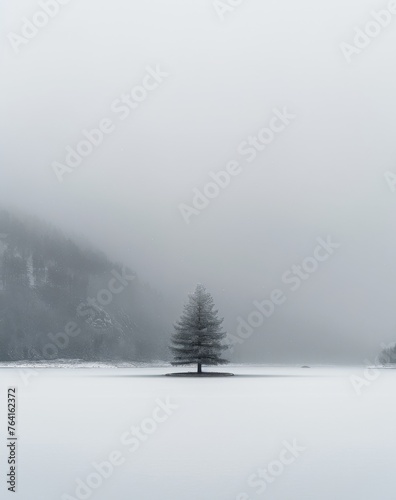 Serene Winter Landscape with Lone Tree by Water. Illustration of Winter Tranquility. Generative AI. 