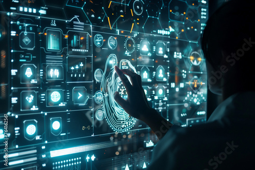 A person is interacting with a complex, futuristic holographic display of data analytics and artificial intelligence concepts, symbolizing advanced technology interface