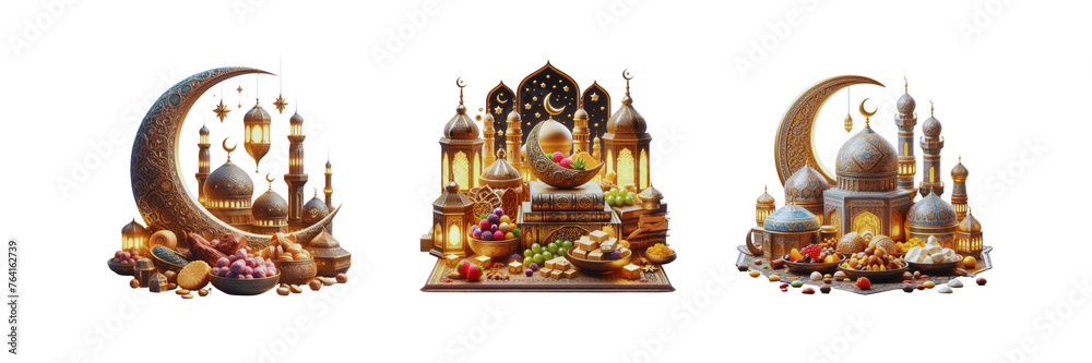 Set of Ramadan Kareem, illustration, isolated over on transparent white background