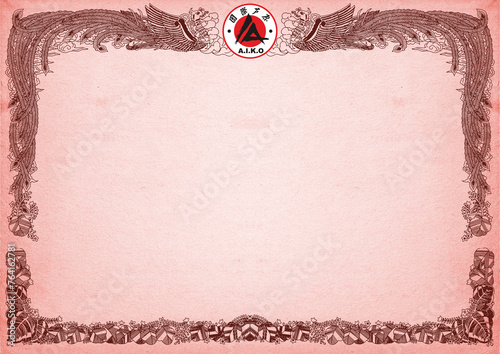 Certificate, diplom ASHIHARA KARATE AIKO. Old vintage paper texture background art design. photo