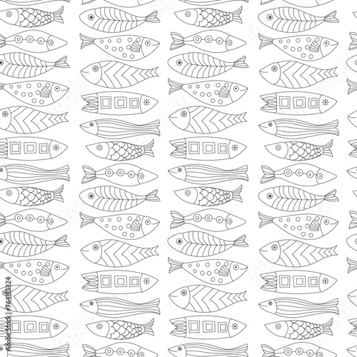Aquarium. Black and white drawing of fish for a coloring book. Drawing in linear style. Seamless background for fabrics, textiles, packaging and wallpaper. Vector illustration