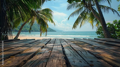 Tranquil beach view from a rustic wooden walkway surrounded by lush tropical palms