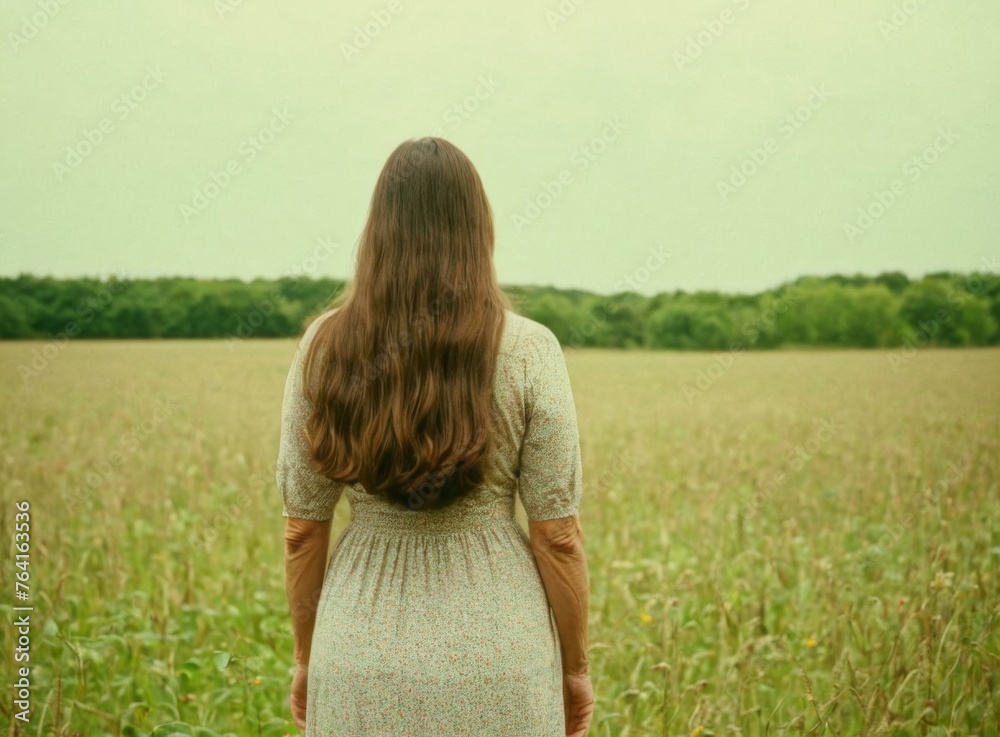 A woman in a dress with long hair standing in a field and looking into the distance. Back view. A woman in a dress with long hair standing in a field and looking into the distance. Back view.