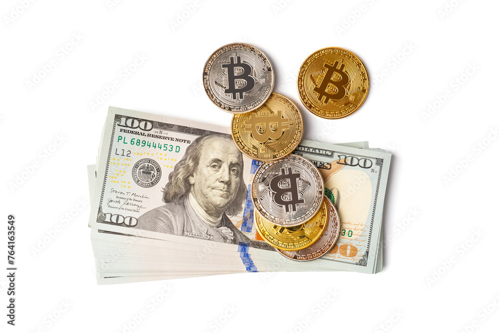 Bitcoins, dollars banknotes on a white background top view. Bitcoins, dollars banknotes on a white background top view.