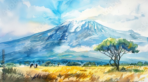 A watercolor painting depicting Mount Kilimanjaro in the background with a tree in the foreground, showcasing the natural beauty of the mountainous terrain. photo