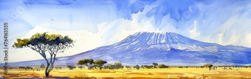 A painting of a mountain and a tree in the foreground. The sky is blue and the mountain is in the background