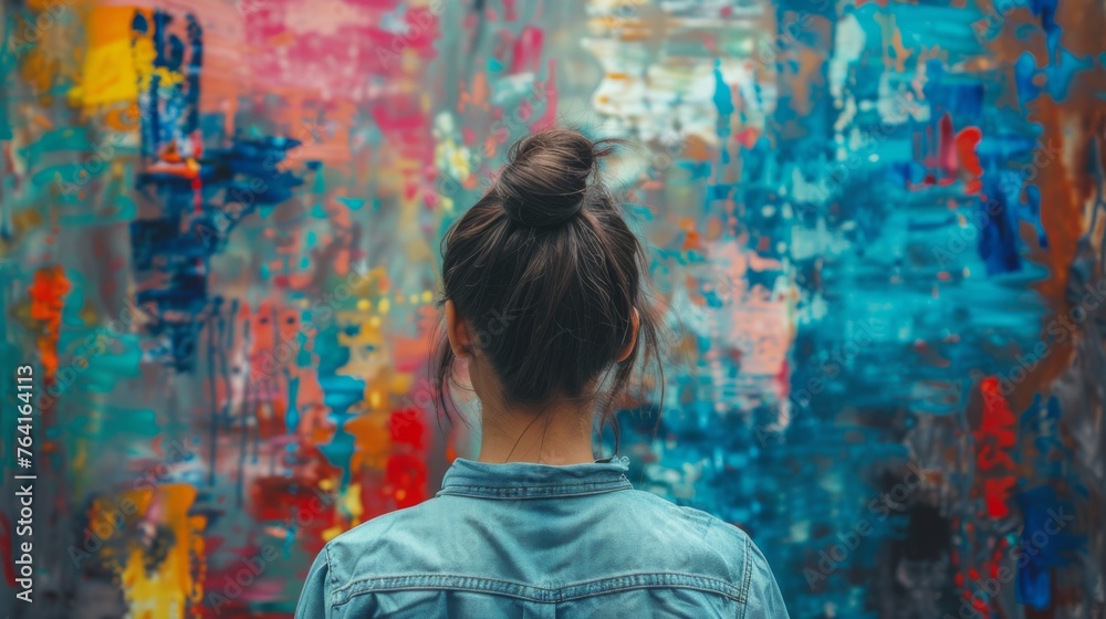 A woman with a bun in her hair stands in front of a colorful painting. The painting is full of bright colors and seems to be abstract A woman with a bun in her hair stands in front of a colorful painting. The painting is full of bright colors and seems to be abstract
