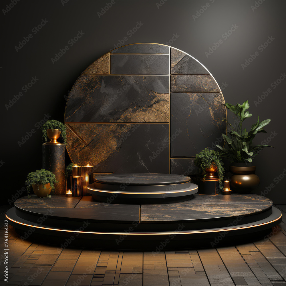 3d Black and Gold Stage render product platform cosmetic and luxury podium with circle