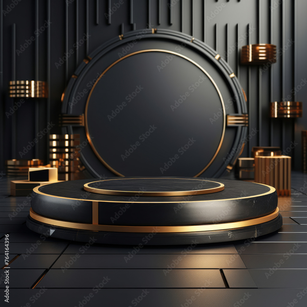 3d Black and Gold Stage render product platform cosmetic and luxury podium with circle