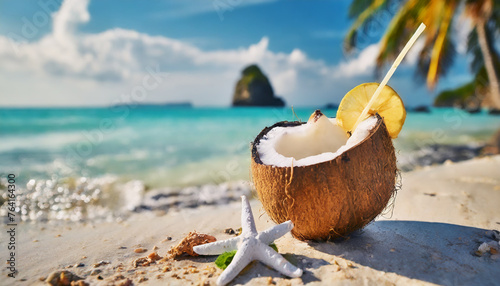 Refreshing summer drinks on a tropical beach table with coconut and orange cocktail on a serene ocean background, encapsulating the essence of relaxation and joy of vacation, copy space 