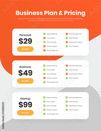 Simple multipurpose business plan and pricing web interface design with checklist