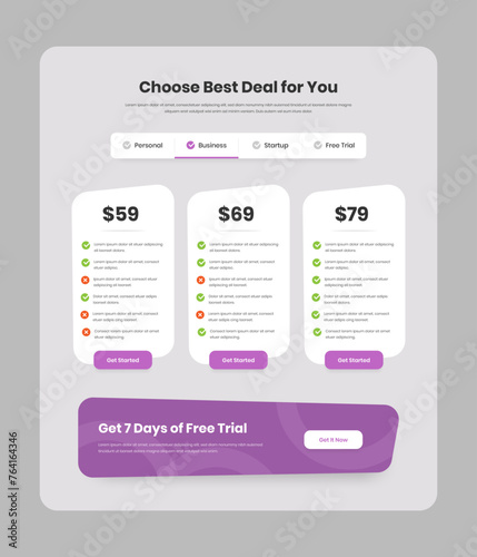 Abstractly designed modern price comparison web interface with checklist and package filter