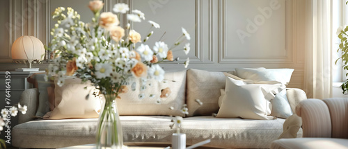 Elegant bouquet of creamy roses and delicate flowers in a sunlit living room photo