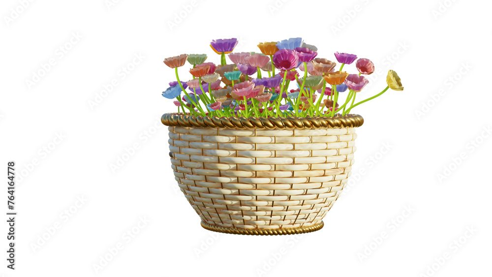 basket with flowers colorful color 3D rendering