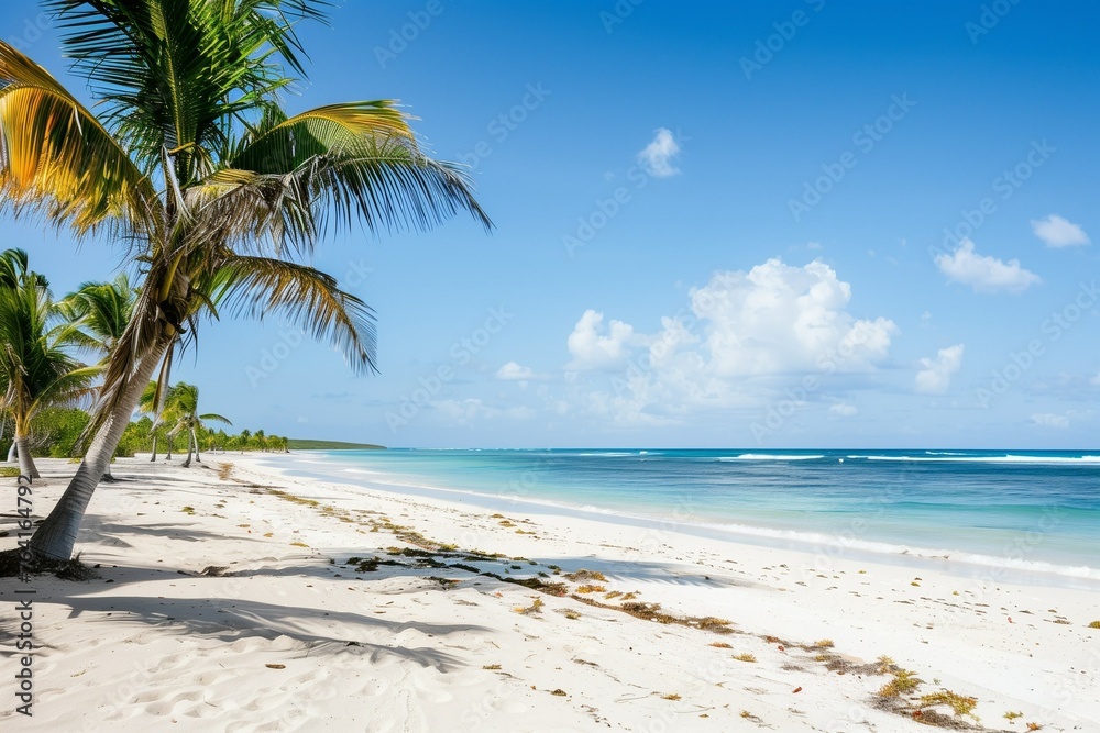 empty sunny beach with palms, white sand and blue water empty sunny beach with palms, white sand and blue water