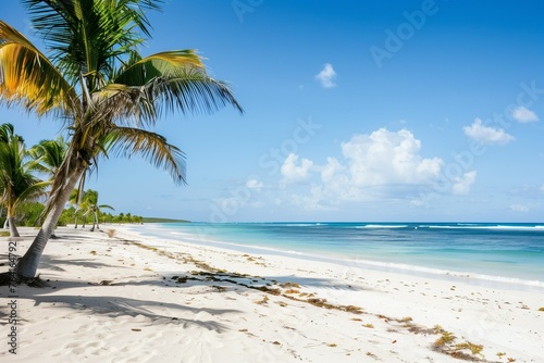 empty sunny beach with palms, white sand and blue water © LifestyleArtist