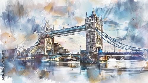 A detailed watercolor painting depicting the iconic Tower Bridge in London. The artwork showcases the intricate architectural details and vibrant color palette characteristic of watercolor techniques.