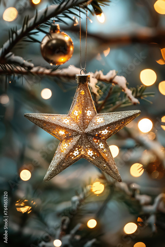 Golden Christmas star ornament hanging on a tree with warm bokeh lights